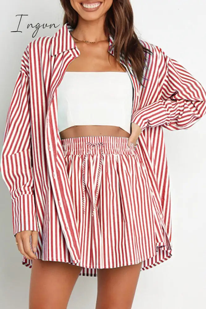 Ingvn - Casual Daily Striped Frenulum Turndown Collar Long Sleeve Two Pieces Pieces/Two-Piece Short