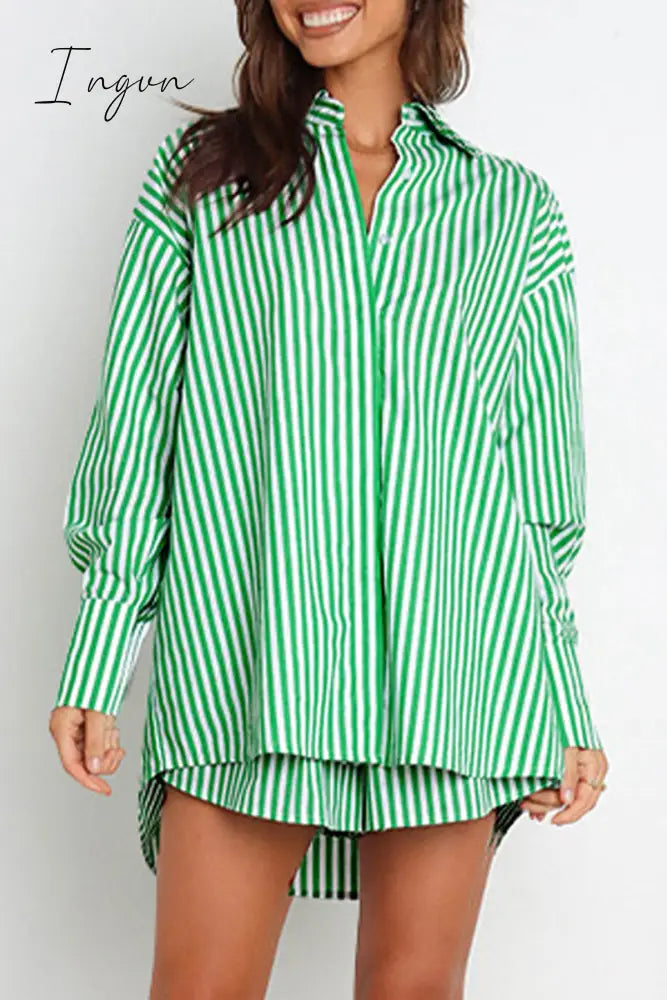 Ingvn - Casual Daily Striped Frenulum Turndown Collar Long Sleeve Two Pieces Pieces/Two-Piece Short