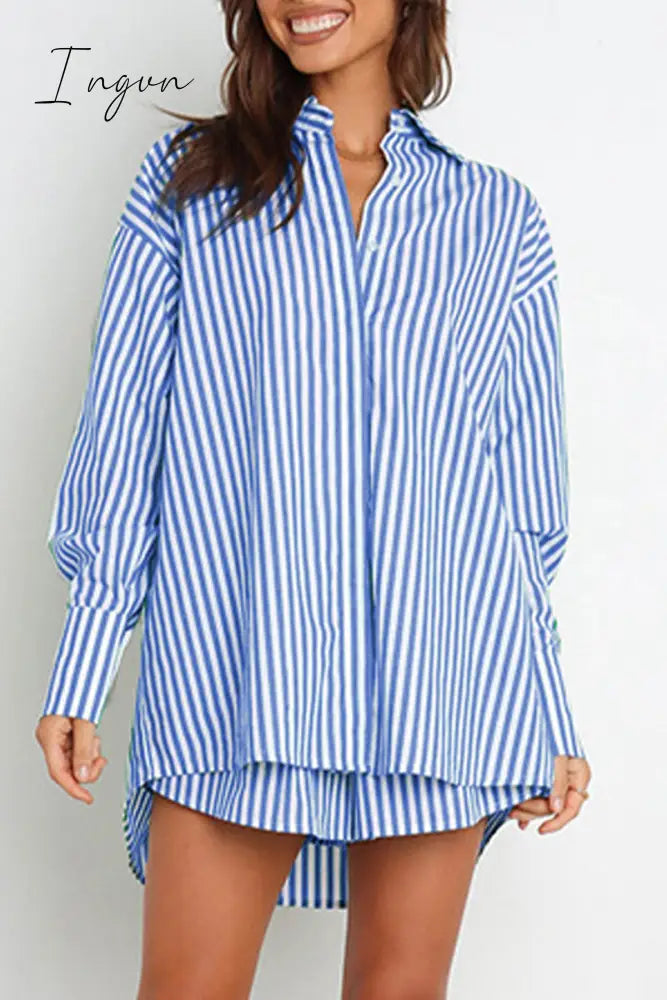 Ingvn - Casual Daily Striped Frenulum Turndown Collar Long Sleeve Two Pieces Pieces/Two-Piece Short