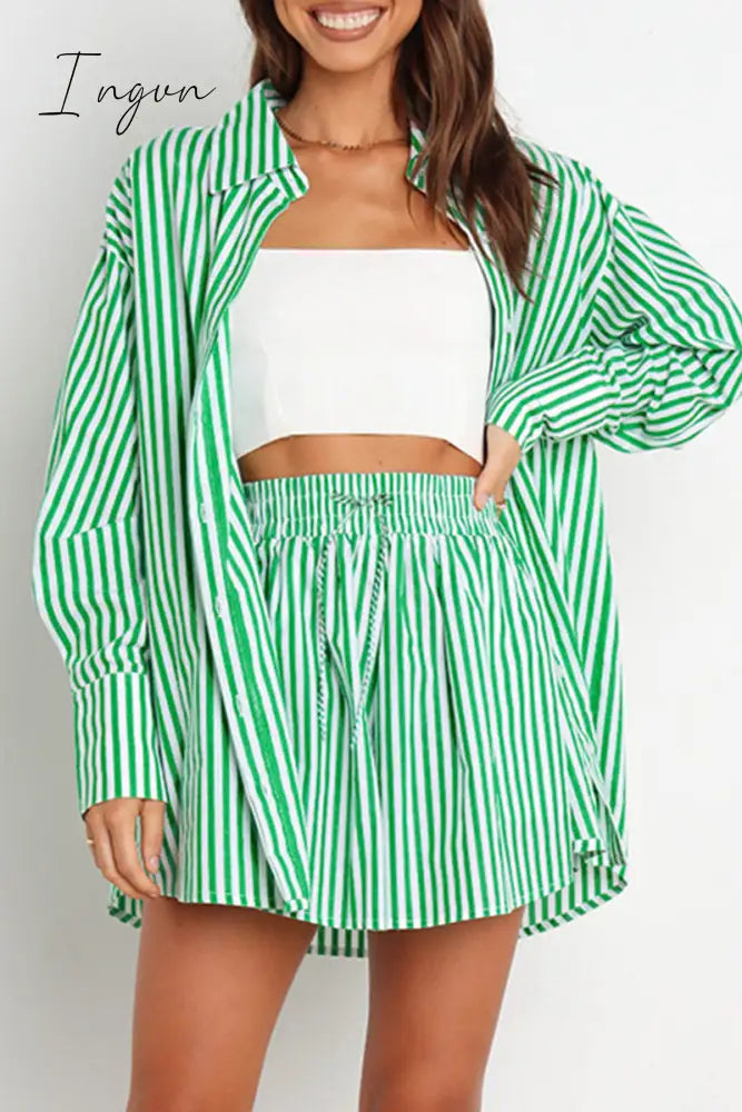 Ingvn - Casual Daily Striped Frenulum Turndown Collar Long Sleeve Two Pieces Pieces/Two-Piece Short