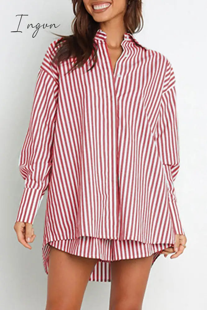 Ingvn - Casual Daily Striped Frenulum Turndown Collar Long Sleeve Two Pieces Pieces/Two-Piece Short