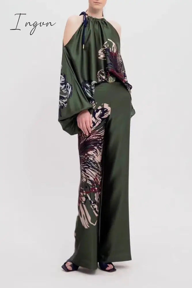 Ingvn - Casual Elegant Print Patchwork Off The Shoulder Long Sleeve Two Pieces(13 Colors) Ink Green