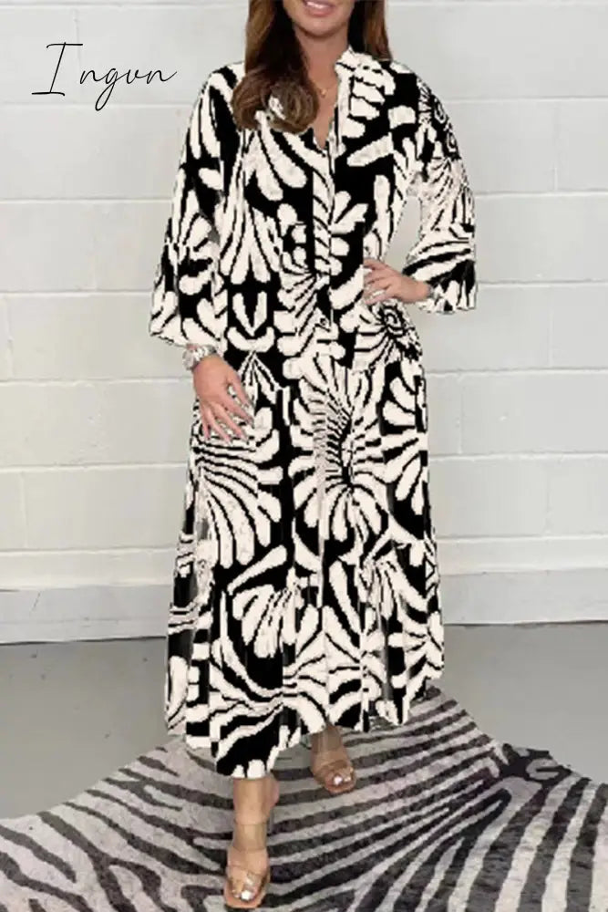 Ingvn - Casual Geometric Printing Mandarin Collar Printed Dress Dresses Dresses/Casual