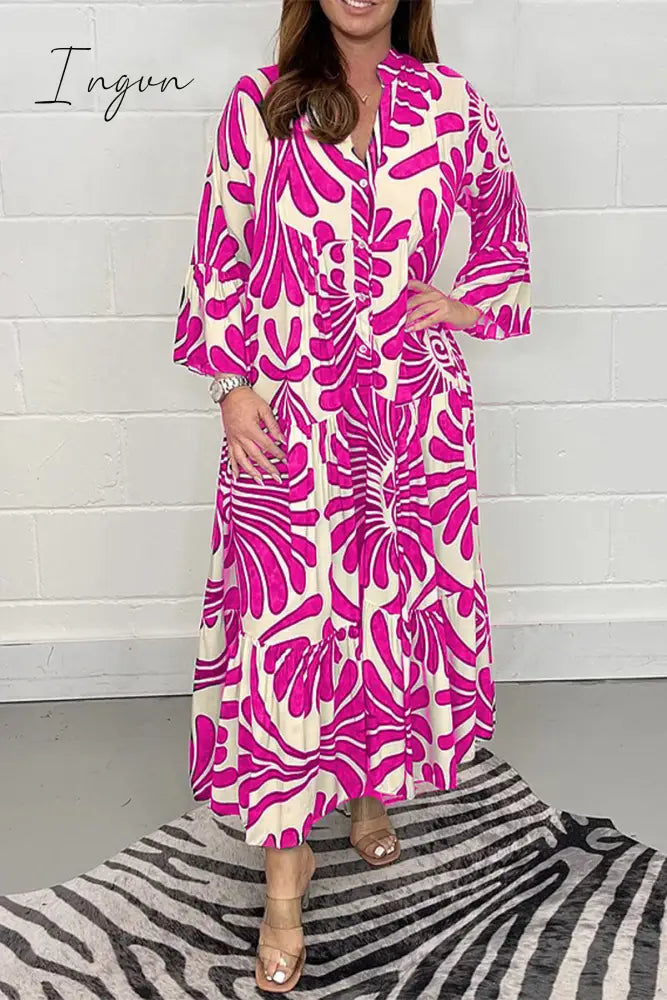 Ingvn - Casual Geometric Printing Mandarin Collar Printed Dress Dresses Dresses/Casual