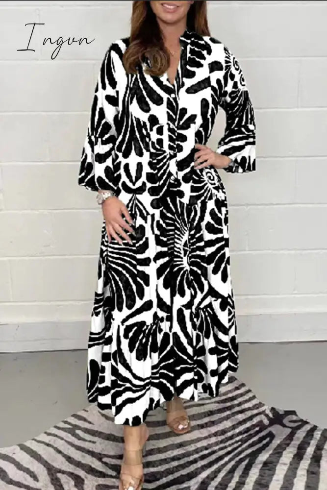 Ingvn - Casual Geometric Printing Mandarin Collar Printed Dress Dresses Dresses/Casual