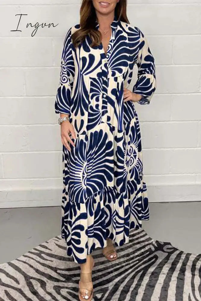 Ingvn - Casual Geometric Printing Mandarin Collar Printed Dress Dresses Dresses/Casual