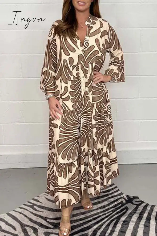 Ingvn - Casual Geometric Printing Mandarin Collar Printed Dress Dresses Dresses/Casual