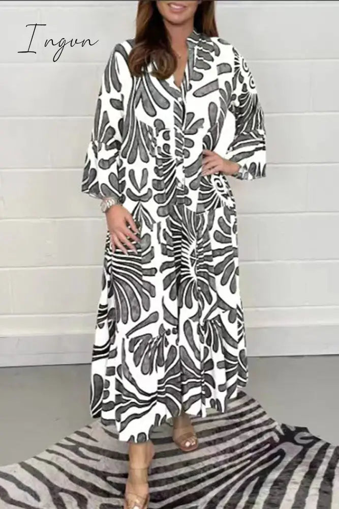 Ingvn - Casual Geometric Printing Mandarin Collar Printed Dress Dresses Grey / S Dresses/Casual