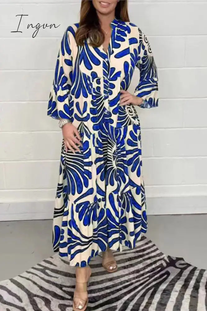Ingvn - Casual Geometric Printing Mandarin Collar Printed Dress Dresses Royal Blue / S