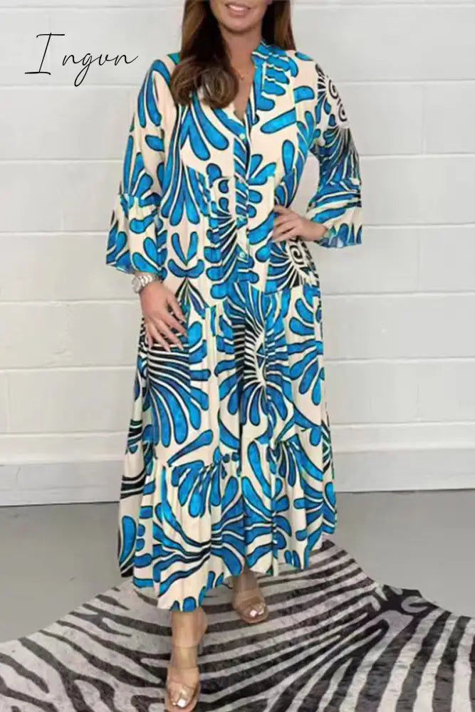 Ingvn - Casual Geometric Printing Mandarin Collar Printed Dress Dresses Sky Blue / S Dresses/Casual