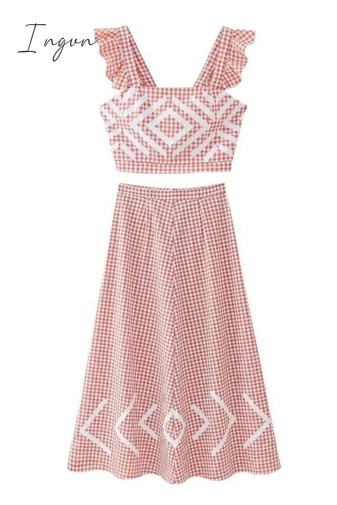 Ingvn - Casual Plaid Geometric Print Ruffle Patchwork Square Neck Two Pieces Pieces/Two-Piece Dress