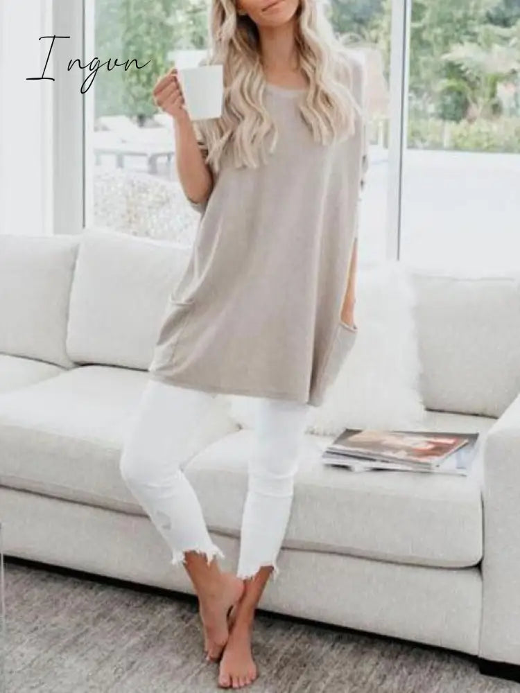 Ingvn - Casual Pockets Long Sleeve Solid Tops