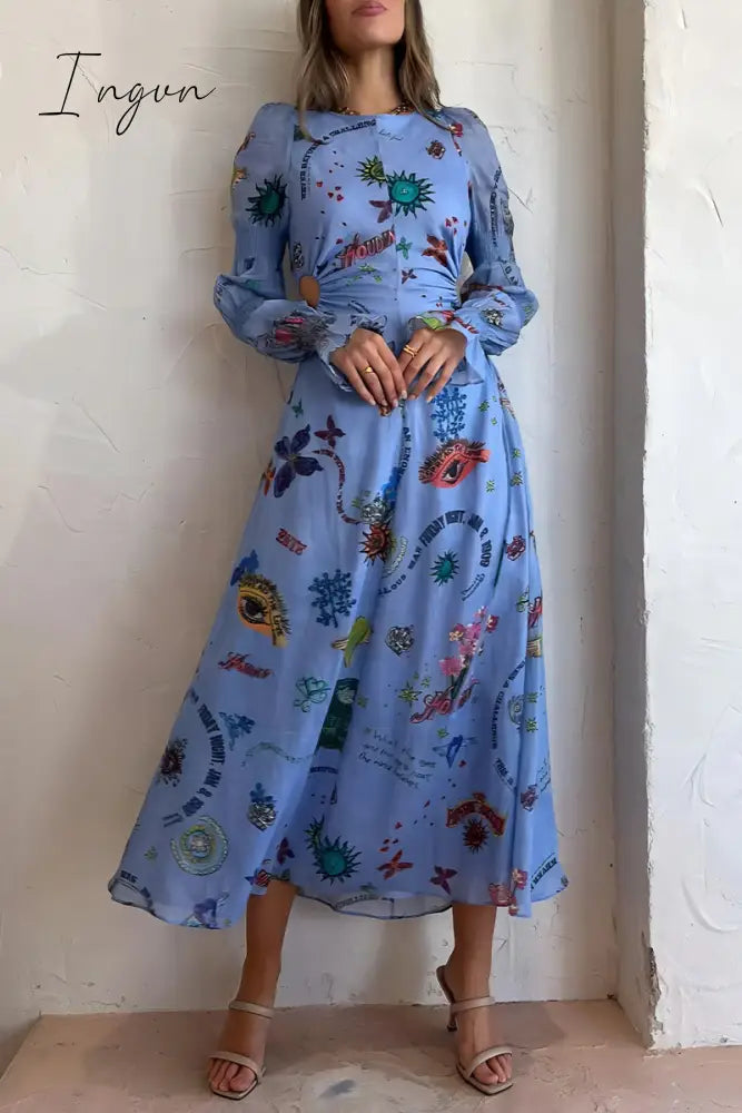 Ingvn - Casual Print Hollowed Out Frenulum O Neck Princess Dresses Blue / S Dresses/Long Sleeve