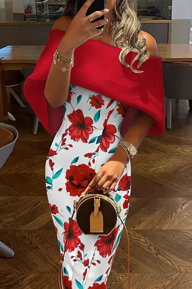 Ingvn - Casual Print Patchwork Off The Shoulder Pencil Skirt Dresses(7 Colors) White Red / S