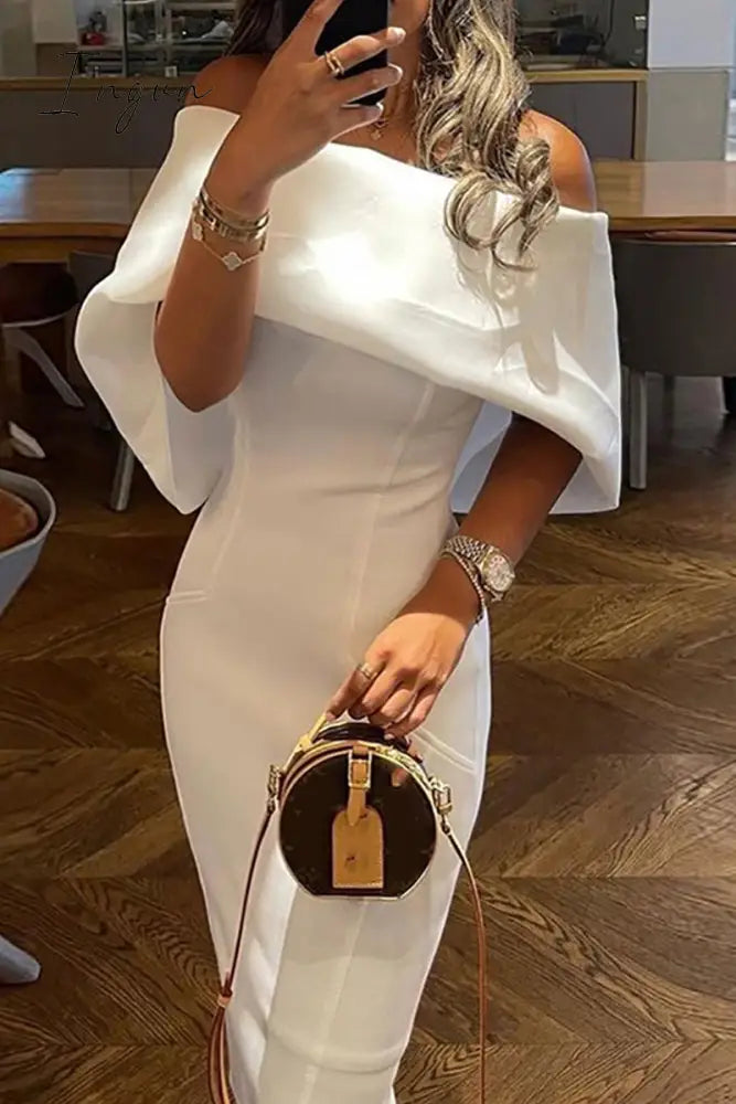 Ingvn - Casual Print Patchwork Off The Shoulder Pencil Skirt Dresses(7 Colors) White / S