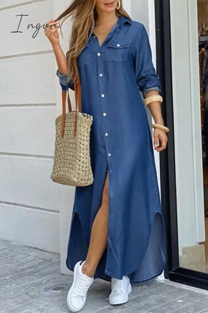 Ingvn - Casual Print Patchwork Turndown Collar Shirt Dress Dresses Dresses/Casual