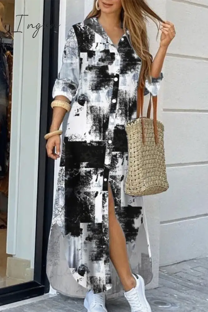 Ingvn - Casual Print Patchwork Turndown Collar Shirt Dress Dresses Dresses/Casual
