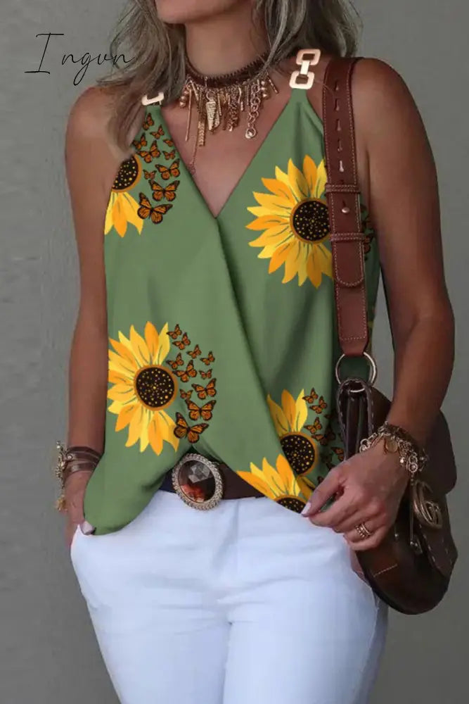 Ingvn - Casual Print Patchwork V Neck Tops Tops/Tank & Camis