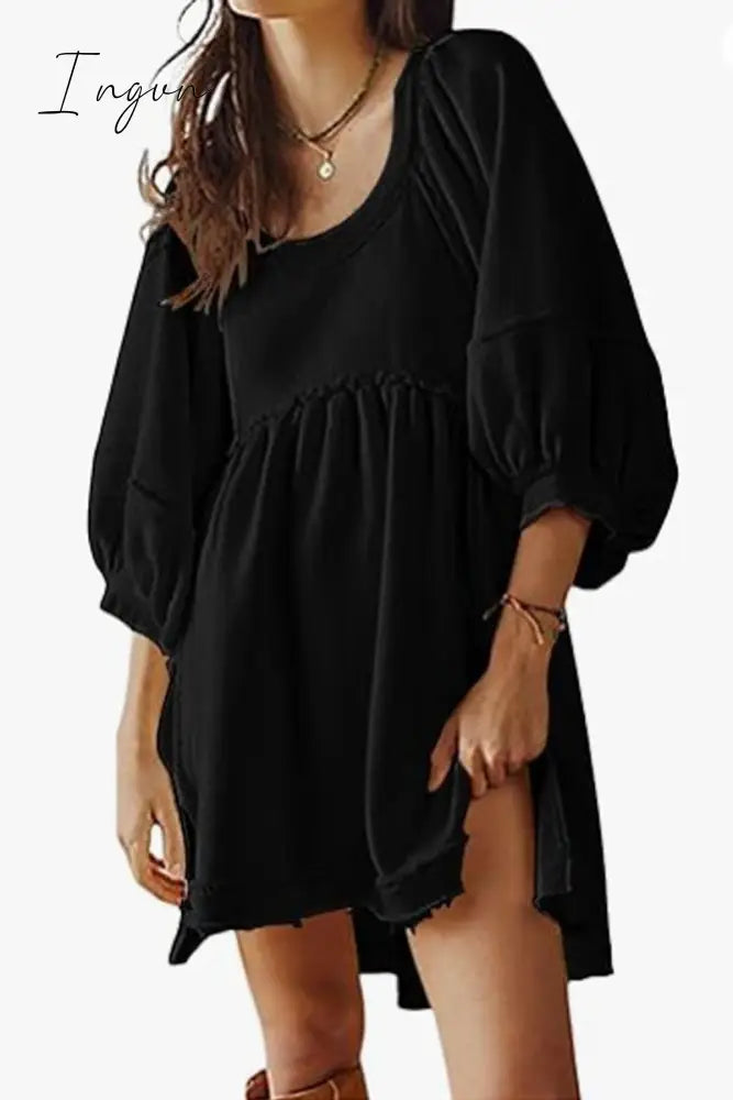 Ingvn - Casual Simplicity Solid Asymmetrical O Neck A Line Dresses Black / S Dresses/Casual