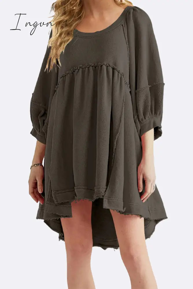 Ingvn - Casual Simplicity Solid Asymmetrical O Neck A Line Dresses Dark Gray / S Dresses/Casual