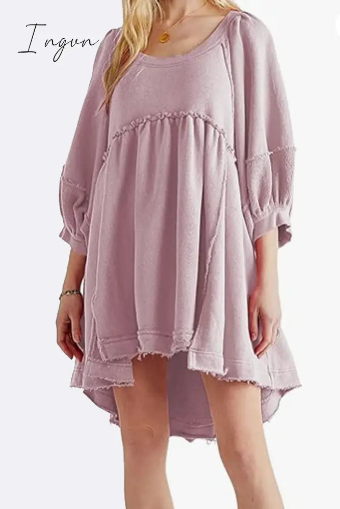 Ingvn - Casual Simplicity Solid Asymmetrical O Neck A Line Dresses Light Purple / S Dresses/Casual