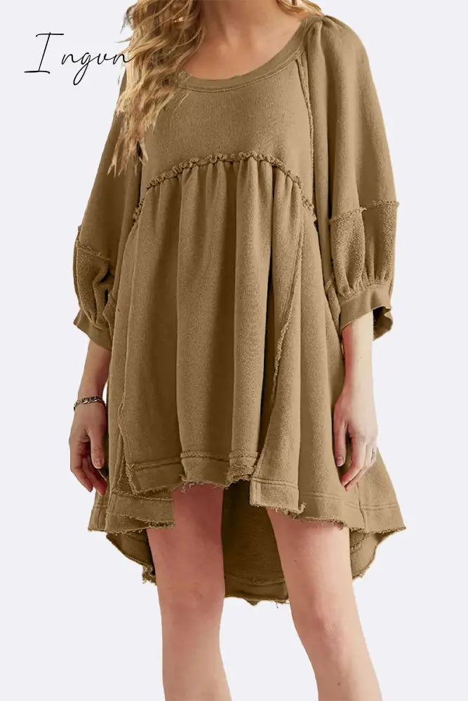 Ingvn - Casual Simplicity Solid Asymmetrical O Neck A Line Dresses Olive Green / S Dresses/Casual