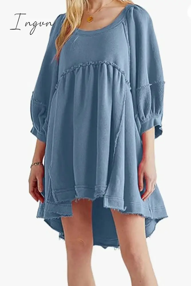 Ingvn - Casual Simplicity Solid Asymmetrical O Neck A Line Dresses Sky Blue / S Dresses/Casual