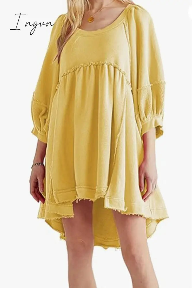 Ingvn - Casual Simplicity Solid Asymmetrical O Neck A Line Dresses Yellow / S Dresses/Casual