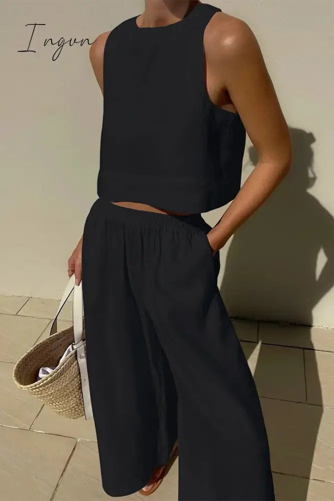 Ingvn - Casual Simplicity Solid O Neck Sleeveless Two Pieces(5 Colors) Black / S Pieces/Two-Piece