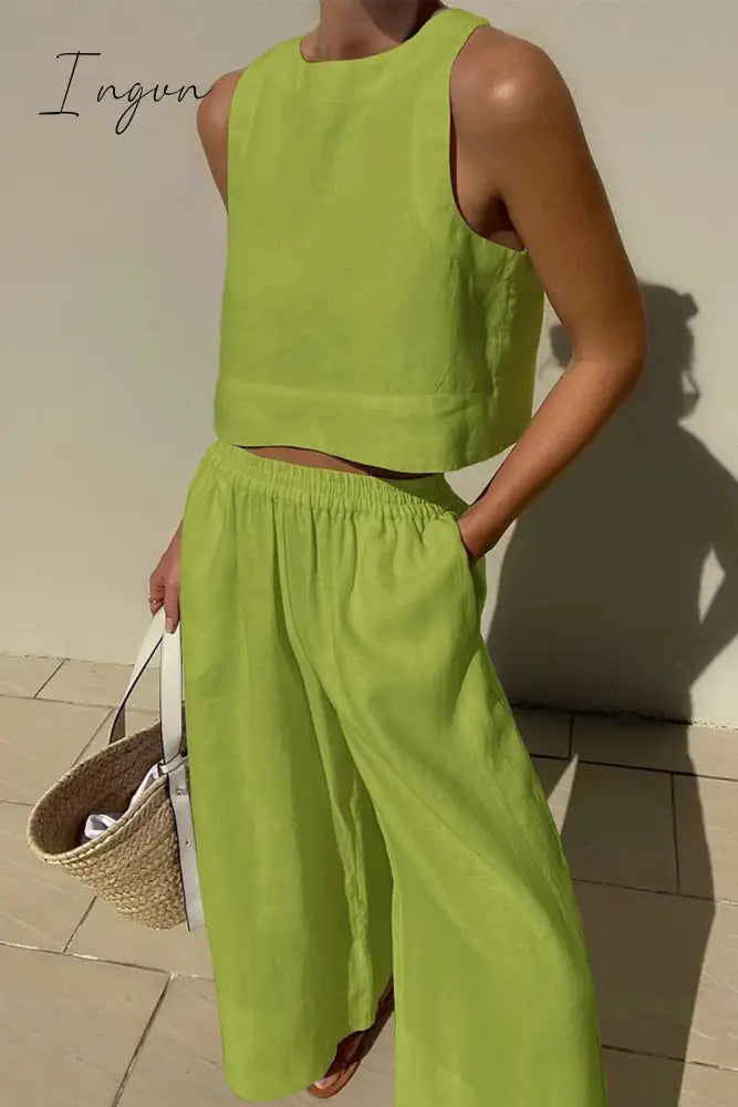 Ingvn - Casual Simplicity Solid O Neck Sleeveless Two Pieces(5 Colors) Pieces/Two-Piece Pants Set