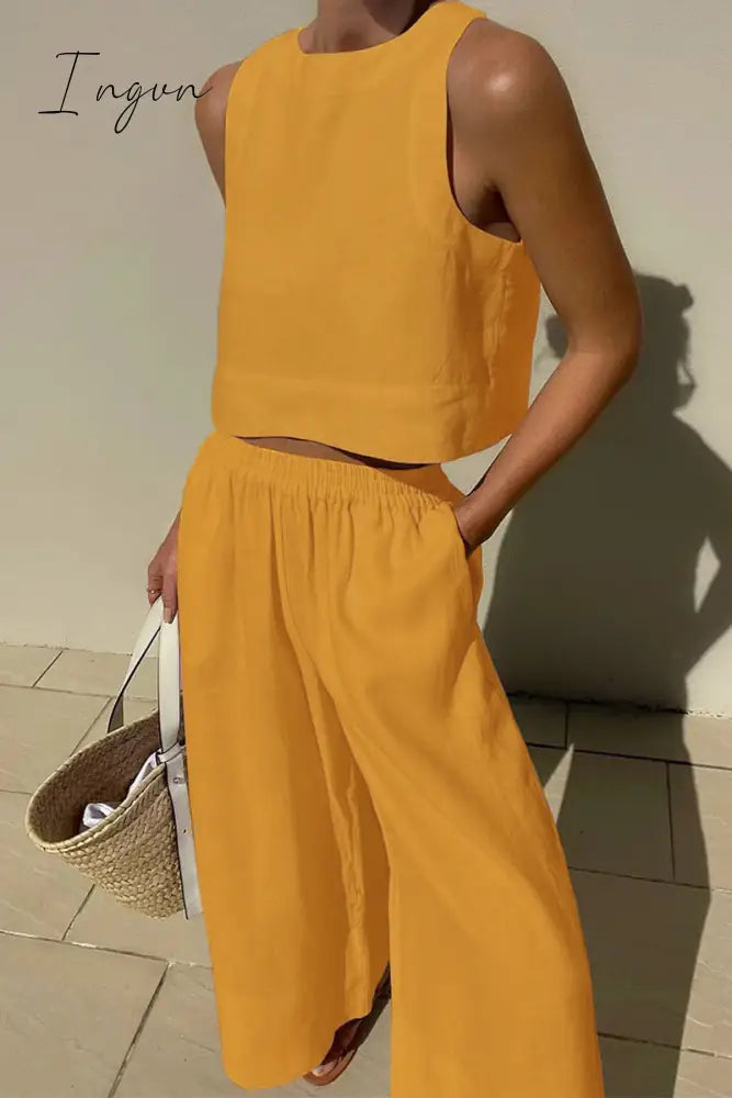 Ingvn - Casual Simplicity Solid O Neck Sleeveless Two Pieces(5 Colors) Yellow / S Pieces/Two-Piece