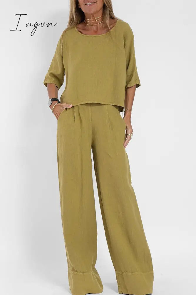 Ingvn - Casual Simplicity Solid Pocket O Neck Three Quarter Two Pieces Earth Yellow / S
