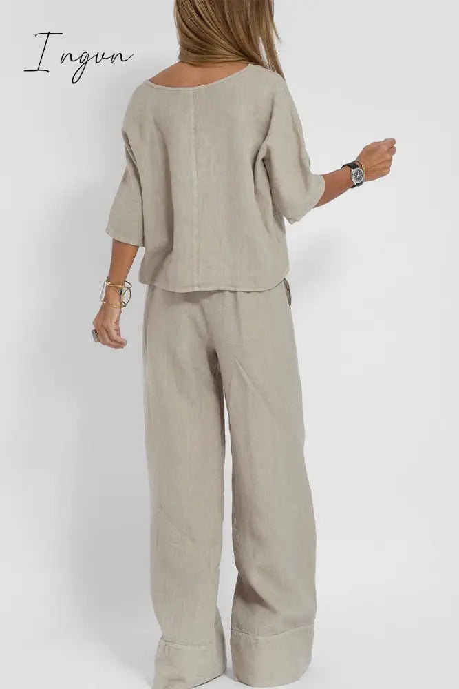 Ingvn - Casual Simplicity Solid Pocket O Neck Three Quarter Two Pieces Pieces/Two-Piece Pants Set