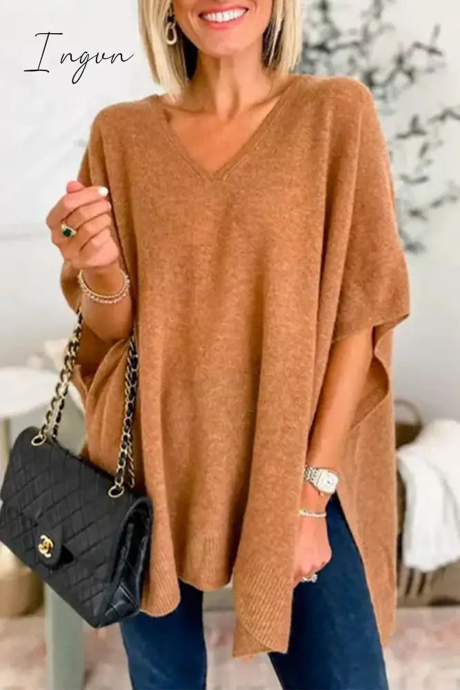 Ingvn - Casual Simplicity Solid Slit V Neck Tops Camel / S Tops/Sweaters & Cardigans