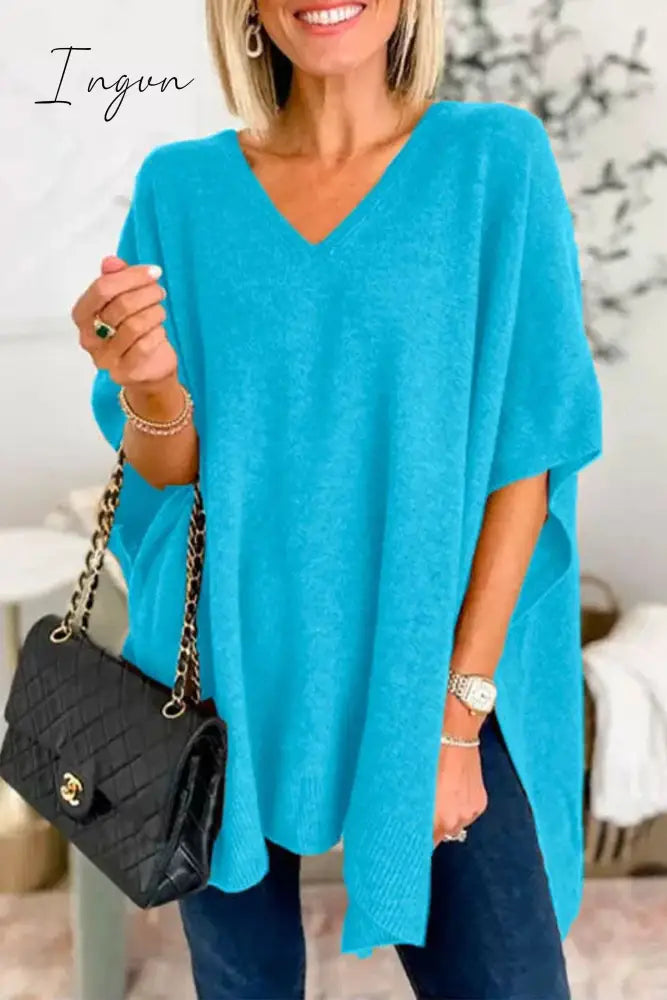 Ingvn - Casual Simplicity Solid Slit V Neck Tops Lake Blue / S Tops/Sweaters & Cardigans