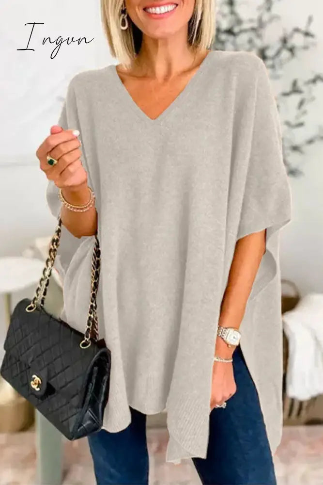 Ingvn - Casual Simplicity Solid Slit V Neck Tops Light Gray / S Tops/Sweaters & Cardigans