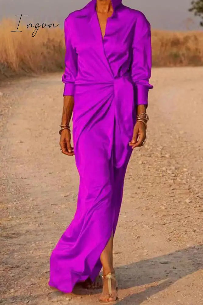 Ingvn - Casual Solid Bandage Patchwork Turndown Collar Shirt Dress Dresses Purple / S Dresses/Maxi