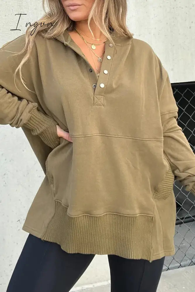 Ingvn - Casual Solid Buckle Hooded Collar Tops Olive Green / S Tops/Sweats & Hoodies