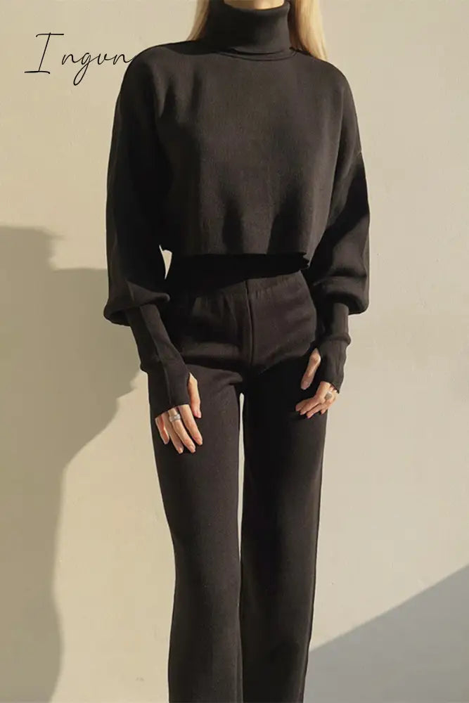 Ingvn - Casual Solid Color Turtleneck Long Sleeve Two Pieces Black / S Pieces/Two-Piece Pants Set