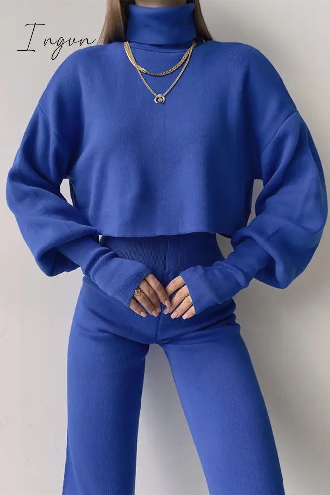 Ingvn - Casual Solid Color Turtleneck Long Sleeve Two Pieces Blue / S Pieces/Two-Piece Pants Set