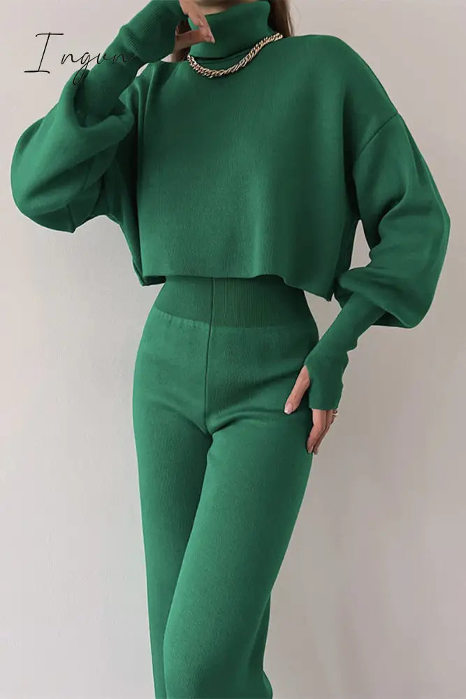 Ingvn - Casual Solid Color Turtleneck Long Sleeve Two Pieces Green / S Pieces/Two-Piece Pants Set