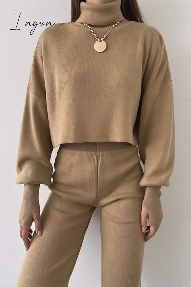 Ingvn - Casual Solid Color Turtleneck Long Sleeve Two Pieces Khaki / S Pieces/Two-Piece Pants Set