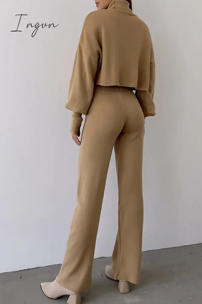 Ingvn - Casual Solid Color Turtleneck Long Sleeve Two Pieces Pieces/Two-Piece Pants Set