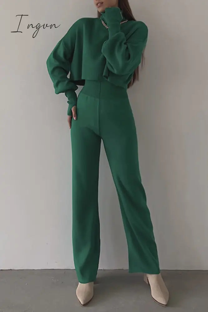 Ingvn - Casual Solid Color Turtleneck Long Sleeve Two Pieces Pieces/Two-Piece Pants Set