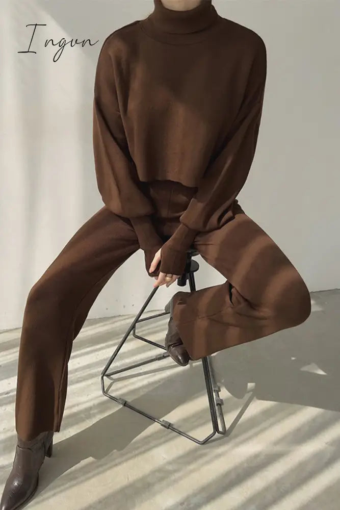 Ingvn - Casual Solid Color Turtleneck Long Sleeve Two Pieces Pieces/Two-Piece Pants Set