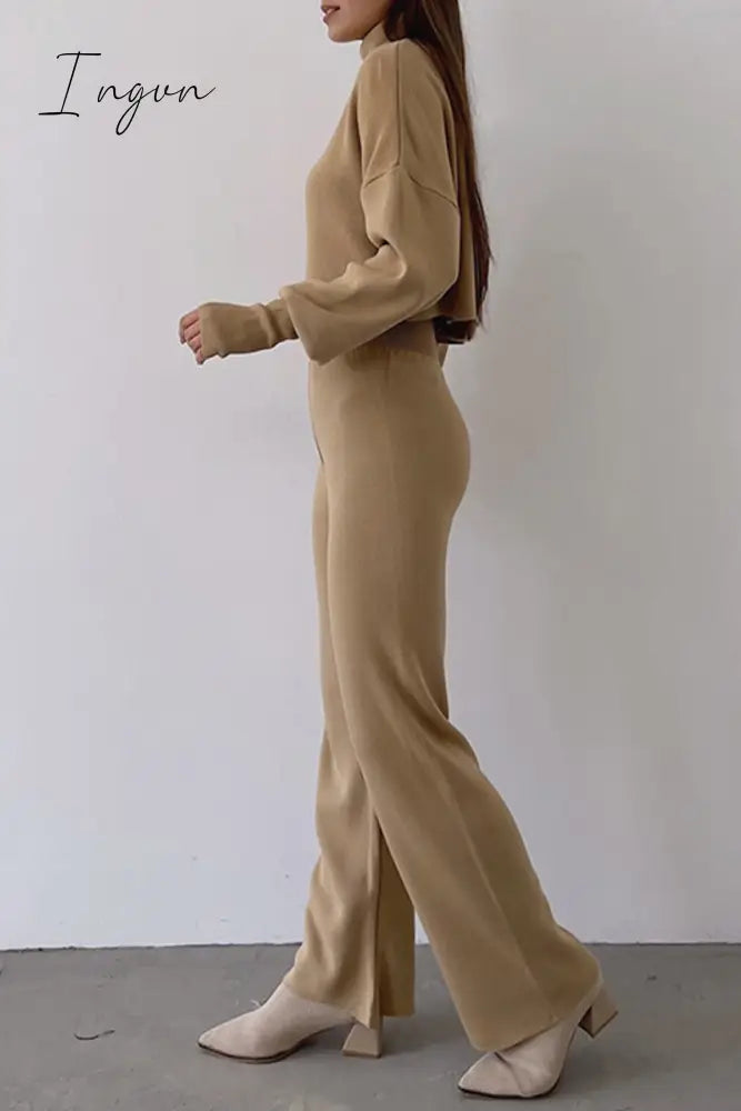 Ingvn - Casual Solid Color Turtleneck Long Sleeve Two Pieces Pieces/Two-Piece Pants Set