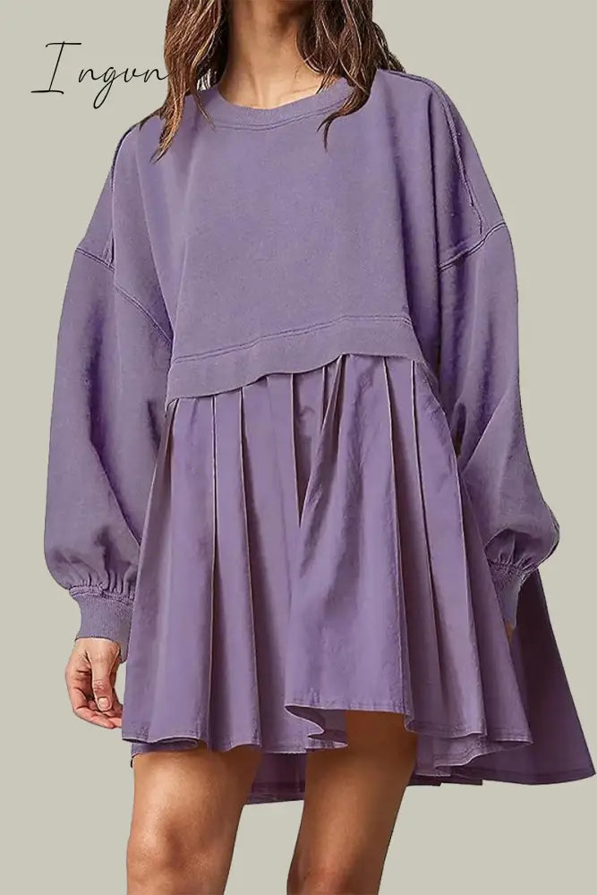 Ingvn - Casual Solid Patchwork Contrast O Neck Pleated Dresses Purple / Xs Dresses/Casual