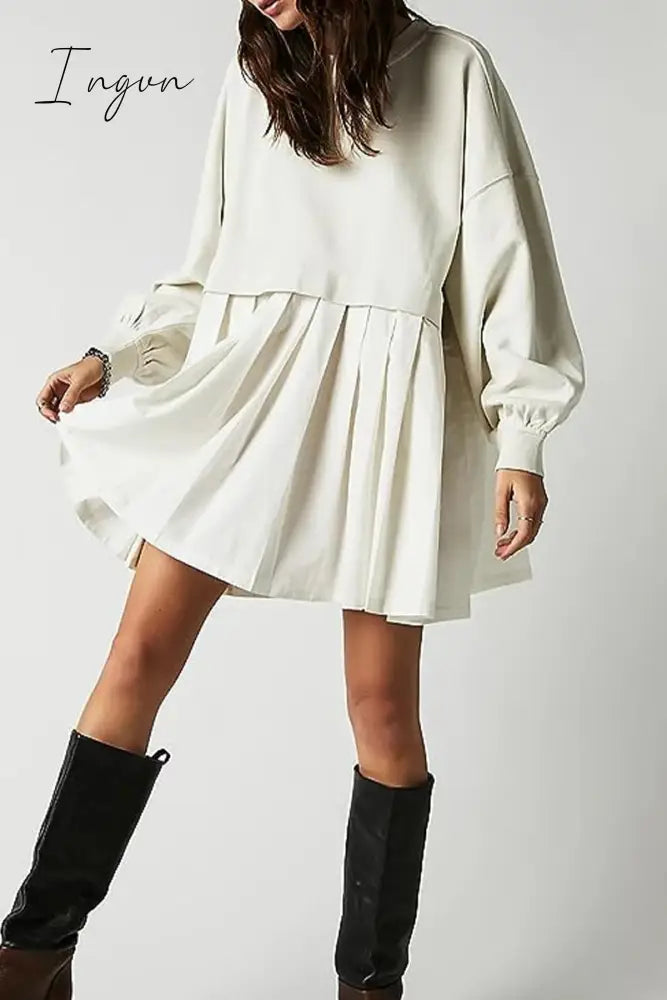 Ingvn - Casual Solid Patchwork Contrast O Neck Pleated Dresses White / Xs Dresses/Casual