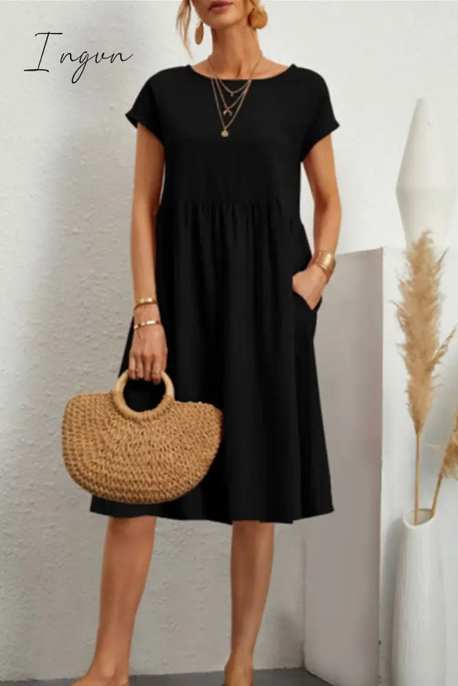 Ingvn - Casual Solid Patchwork O Neck A Line Short Sleeve Dress(11 Colors) Dresses/Short Dress