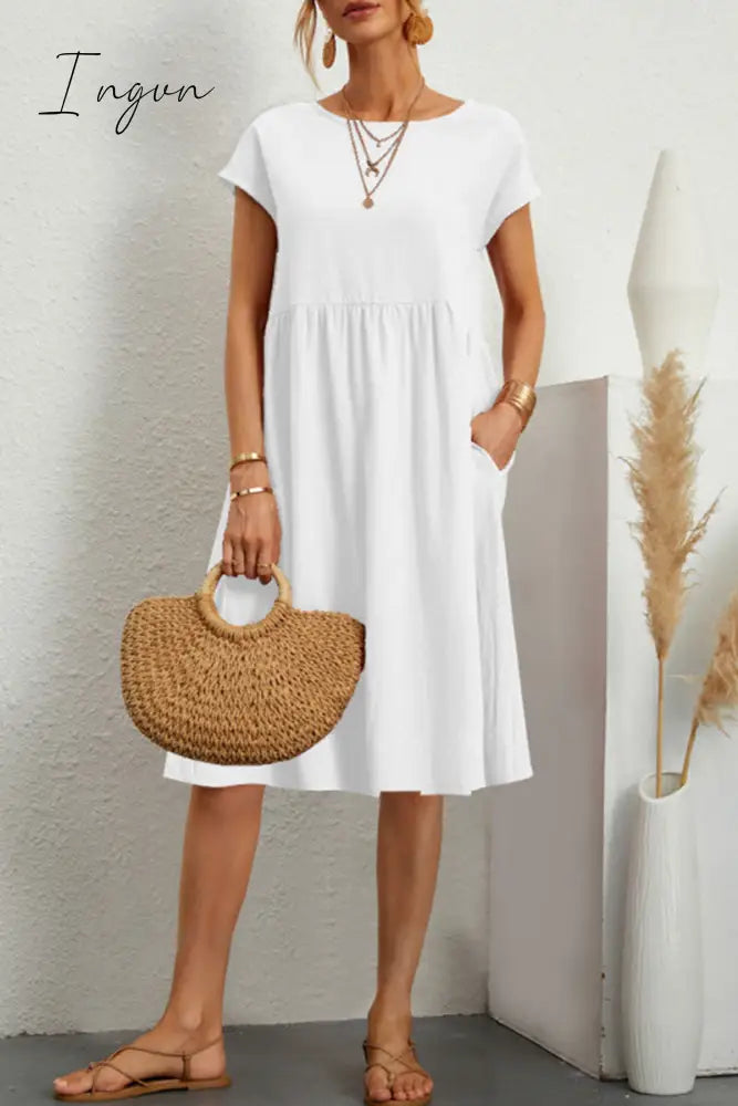 Ingvn - Casual Solid Patchwork O Neck A Line Short Sleeve Dress(11 Colors) Dresses/Short Dress